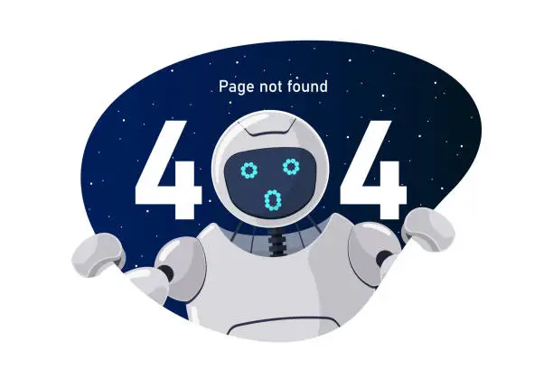 Vector illustration of Website page not found error 404. Oops worried robot character peeking out of outer space. Site crash on technical work web design template with chatbot mascot. Cartoon bot assistance failure. Eps