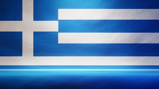 Studio backdrop with draped flag of Greece for presentation or product display. 3D rendering
