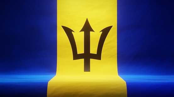 Studio backdrop with draped flag of Barbados for presentation or product display. 3D rendering
