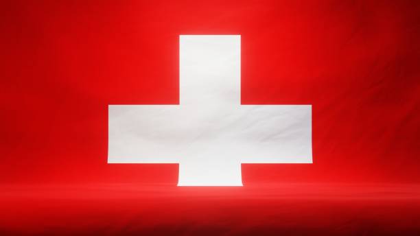 istock Studio backdrop with draped flag of Switzerland for presentation or product display. 3D rendering 1404060011
