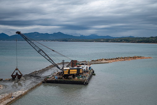 Construction Yard of a New Harbor in Mediterranean Sea of Greece (Monolithi Beach)