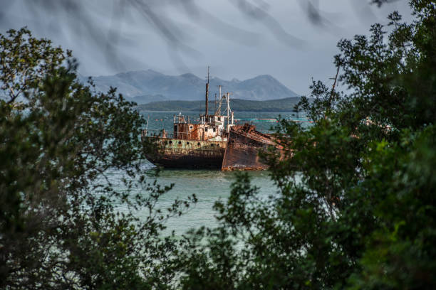 Sinking pirate brigantine on stormy seas