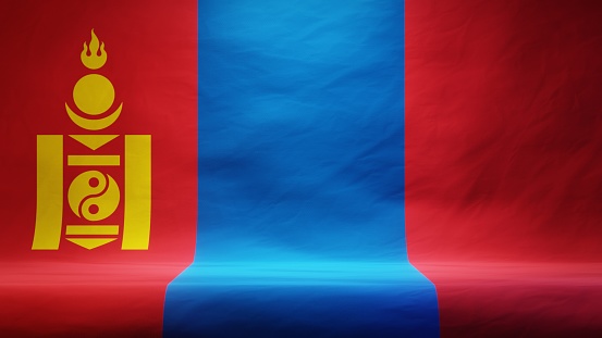 Studio backdrop with draped flag of Mongolia for presentation or product display. 3D rendering