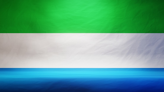 Studio backdrop with draped flag of Sierra Leone for presentation or product display. 3D rendering