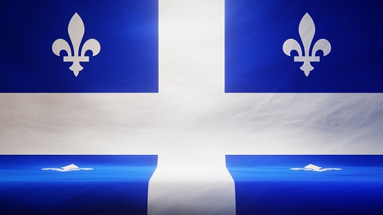 Studio backdrop with draped flag of Quebec for presentation or product display. 3D rendering