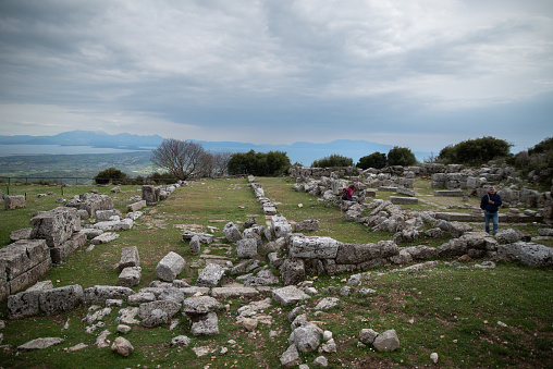 Friends on Discovery vacation in Springtime Greece Hike around a Roman Ancient Settlement Ruins of Kamarina-Kassiopi Greece