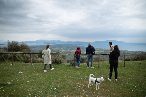 Five Mature Friends With a Pet Dog on a Touristic Hike Around Rural Greece in Springtime