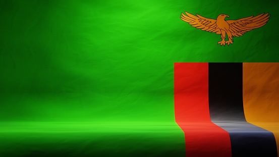 Studio backdrop with draped flag of Zambia for presentation or product display. 3D rendering