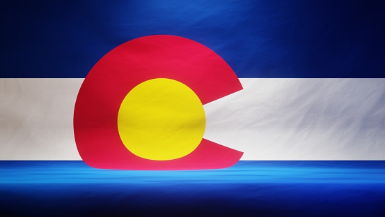 Studio backdrop with draped flag of the US state of Colorado. 3D rendering