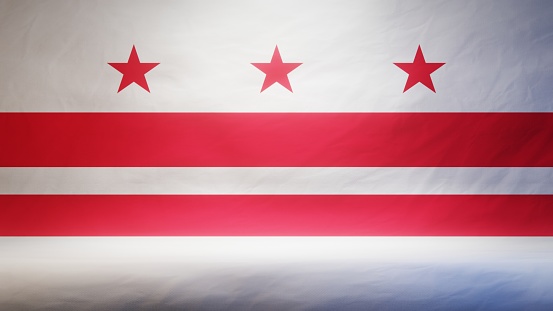 Studio backdrop with draped flag of the District of Columbia. 3D rendering