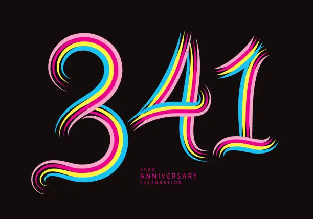 Vector illustration of 341 number design vector, graphic t shirt, 341 years anniversary celebration logotype colorful line,341th birthday logo, Banner template, logo number elements for invitation card, poster, t-shirt.
