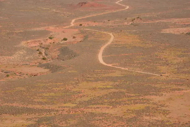 Photo of Aerial View Of Rural Road Zig-Zagging Through Vast Desert
