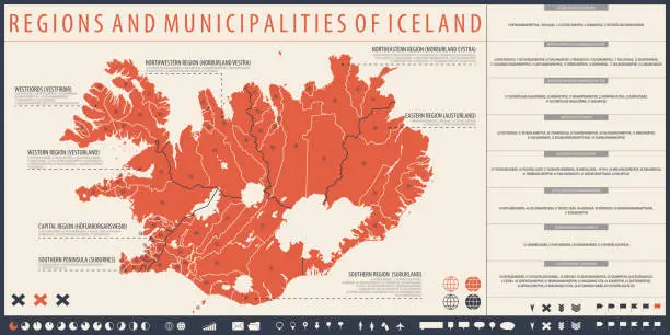 Vector illustration of Infographic map of Iceland with administrative division into Regions and Municipalities