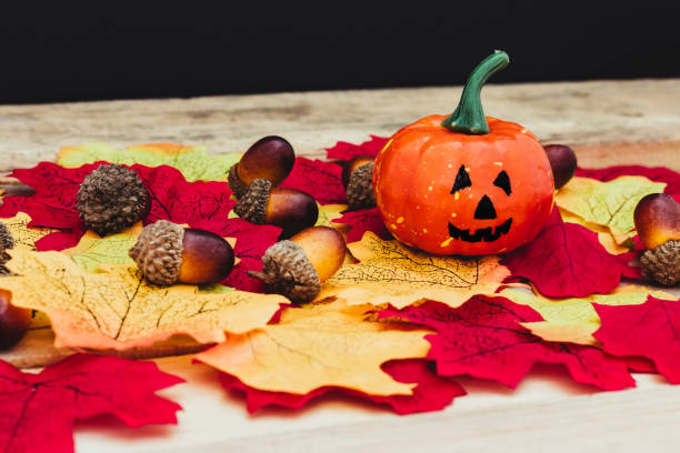 istock Halloween still life with leaves and acorns 1404068842