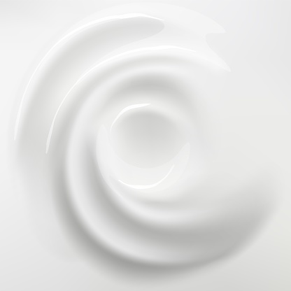 White cream background. Swirl blended mousse. Cosmetic or dairy product. Liquid spirals top view. Creamy whirlpool. Whipped delicious vanilla dessert. Smooth vortex with glossy twirls. Vector concept