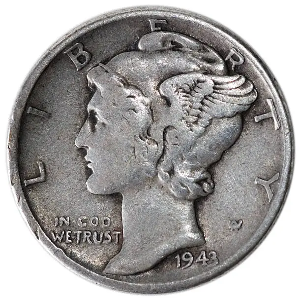 A close up of a 1943 Mercury Head Liberty Dime.