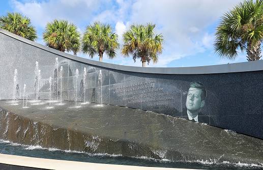 Merritt Island, Cape Canaveral, Florida USA - October 26, 2020:  Kennedy Space Center fountain with President John F. Kennedy quote from a famous speech at the entrance to The John F. Kennedy Space Center.