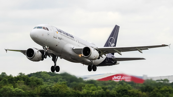 Manchester Airport, United Kingdom - 9 June, 2022: Lufthansa Airbus A319 (D-AILI)  departing for Frankfurt, Germany,
