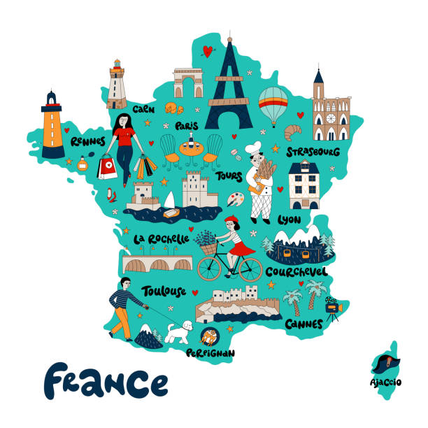 ilustrações, clipart, desenhos animados e ícones de mapa da frança com sua arquitetura, cultura e povo francês. - wine region