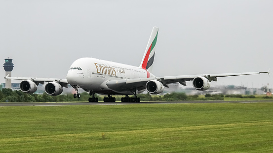 Manchester Airport, United Kingdom - 9 June, 2022: Emirates Airbus A380 (A6-EED) departing for Dubai, United Arab Emirates.