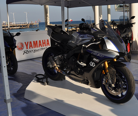Yamaha, R1M at the Motorcycle exhibition at the Limassol marina on September 14, 2018 in Limassol, Cyprus