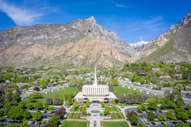 Aerial of Latter-day Saint Provo Temple at Day Aerial photo of Mormon Provo Temple of the Church of Jesus Christ of Latter-day Saints in Provo, Utah provo stock pictures, royalty-free photos & images