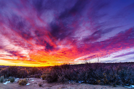 Spectacular sunset in high desert in New Mexico in winter