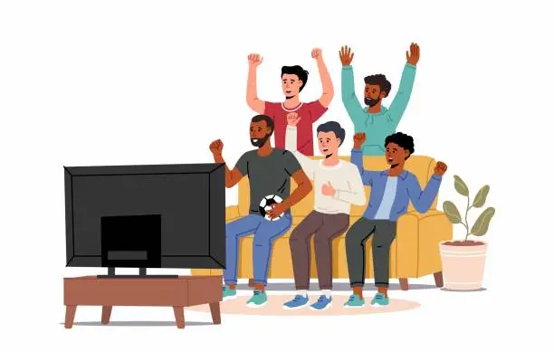 Vector illustration of Football fans, friends watching match on TV. Men sitting on couch and celebrating soccer team winning or goal.