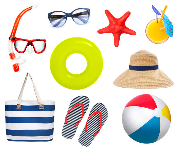istock Summer beach items set isolated on white. Tourist beach objects. 1404075379