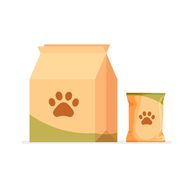 Pet food. Pet food. Feed for cats and dogs. Packaging, advertising. Vector illustration in a flat trendy style. animals feeding stock illustrations
