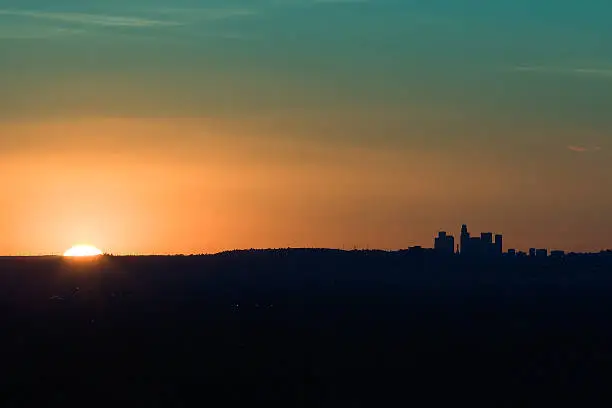 Long distance shot of Los Angeles skyline at sunset