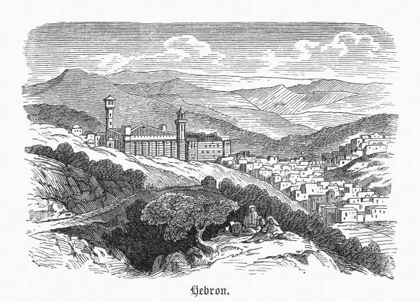 ilustrações de stock, clip art, desenhos animados e ícones de historical view of hebron, palestine, wood engraving, published in 1891 - canaan valley