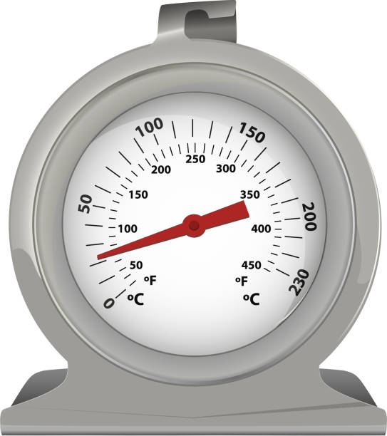 Metal cooker thermometer temperature gauge A cooker thermometer used to ensure an oven is warming to it`s optimum temperature. Used by chefs and bakers to check their equipment is functioning as it should. The instrument is used to provide precise detail to the catering industry. oven dials stock illustrations