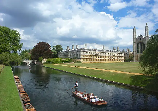 Punting on the river Cam, with King's College in the background.   The view of the colleges from the river is referred to as ""the backs""
