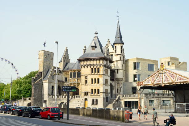 Antwerp city, Province Antwerp , Belgium - June 18, 2022: Educational center for children, creative workshops and activities, family-friendly cafe. The fortress Steen is part of a former ring walburg on the right bank of the Scheldt