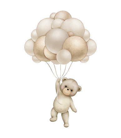 Teddy bear with neutral brown balloons.
Watercolor hand painted illustrations for baby shower isolated on white background .