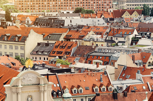 view of the roof made of red brick burnt tiles of the beaver type used in Central Europe on all historical roofs, especially in Austria. the bags overlap several times, they look like beaver teeth