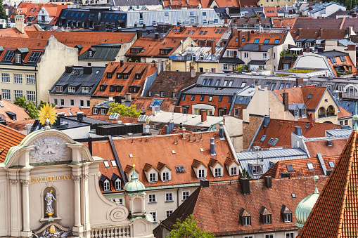 Munich cityscape with apartment buildings\nview from the  town hall\nMunich, Germany