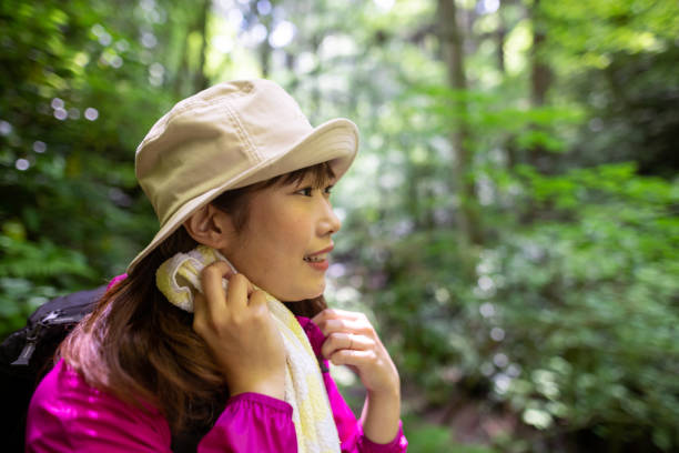 istock Female hiker wiping sweat and looking at view in forest 1404080919