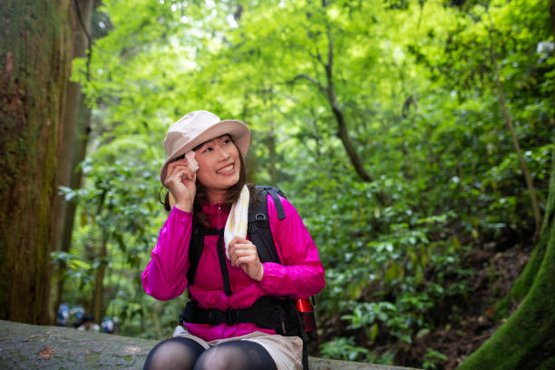 istock Female hiker wiping sweat and looking at view in forest 1404081066
