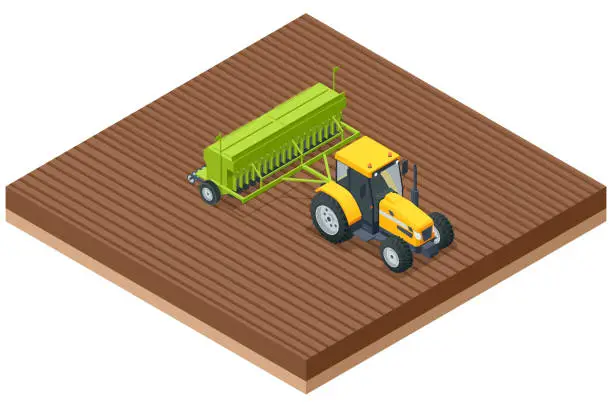 Vector illustration of Isometric Agricultural Cultivator. A cultivator is a piece of agricultural equipment used for secondary tillage. Tractor preparing land with seedbed cultivator