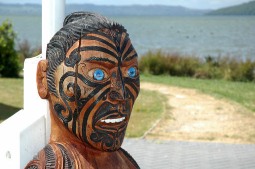 Maori carved wood sculpture, Ohinemutu, Rotorua, New Zealand.