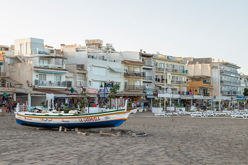 Torremolinos, Spain, June 10, 2022; View of the popular Mediterranean resort of La Carihuela with its summer beach life.