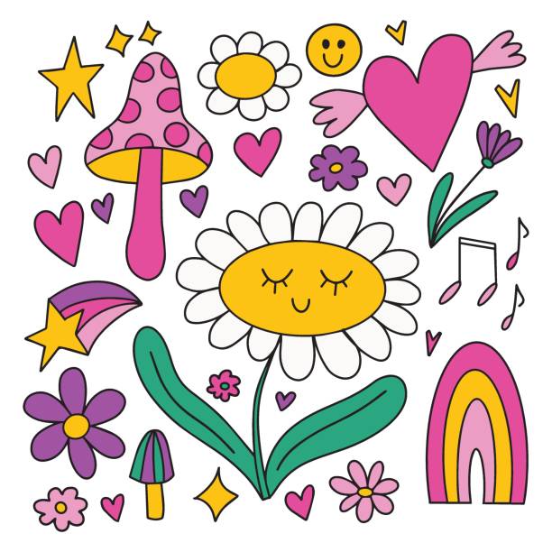 y2k doodle clip art elements set. Black outline design elements - smiling daisy flower, hearts with wings, mushroom, hearts, stars y2k doodle clip art elements set. Outlined bright colorful design elements - smiling daisy flower, hearts with wings, mushroom, hearts, stars. Cute retro 90s 2000s black vector clip collection. 21st century style stock illustrations