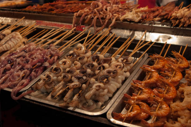 istock Assorted skewers with fresh fish and seafood. 1404085951