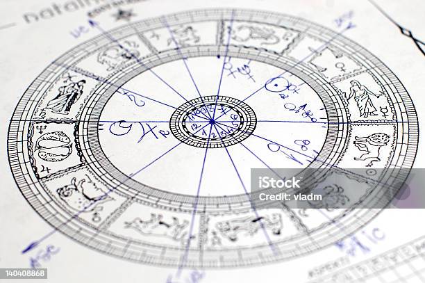 Black And White Zodiac Wheel With Blue Markings Stock Photo - Download Image Now - Astrology Sign, Wheel, Chart