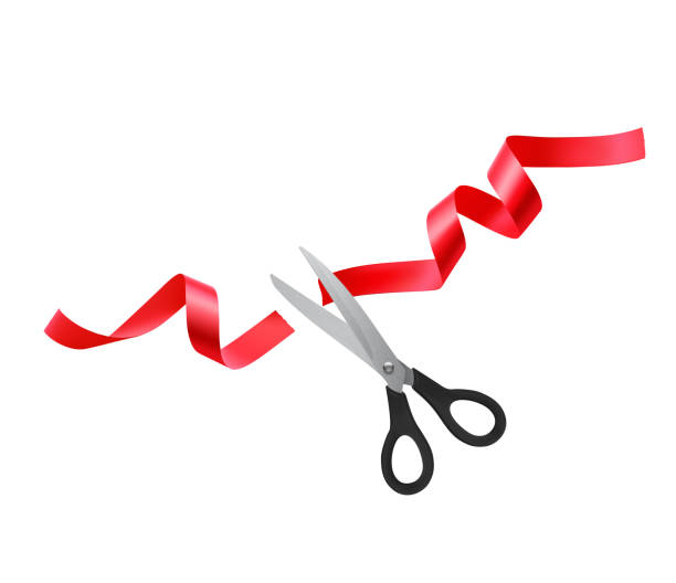 istock Set of red ribbons and scissor on white background. 1404089404