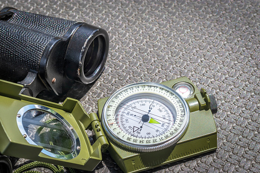 Army magnetic compass. Topic: strategy, calculation, orientation, search, finding.