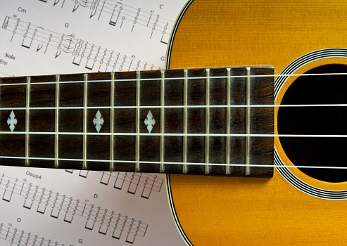 Classic Acoustic guitar close up, dramatically lit on a black background with copy space