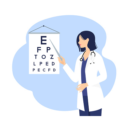 Cartoon girl ophthalmologist with chart testing eyesight. Ophthalmologist at Hospital.